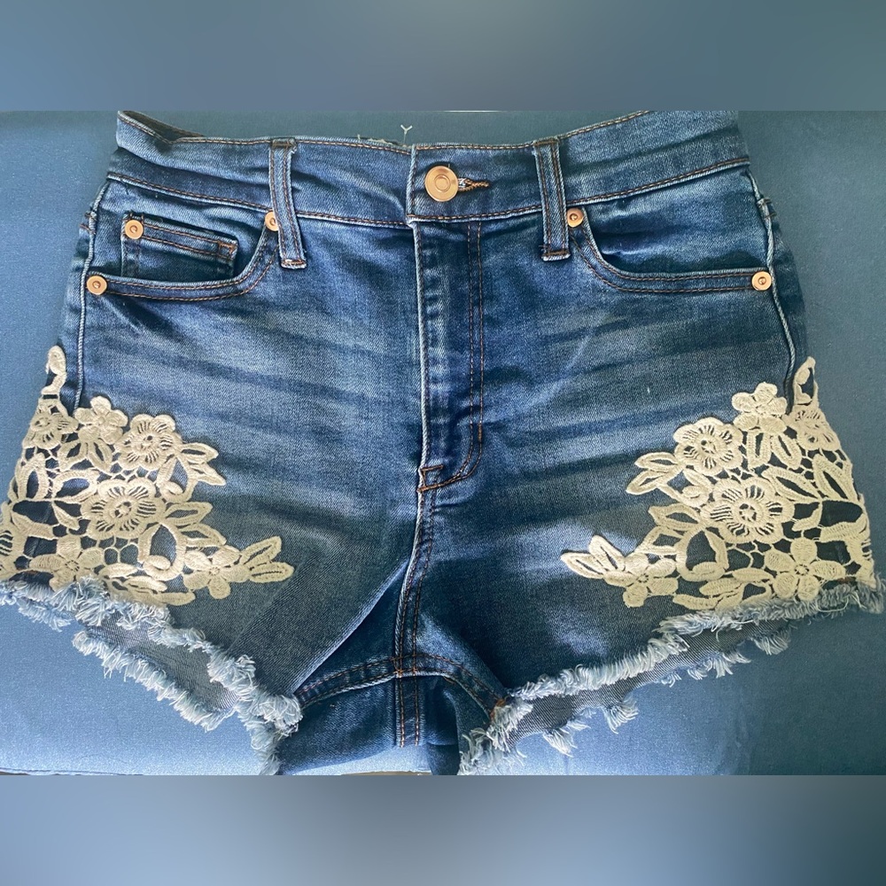 Altar'd State Blue and White Jean Shorts with Lace Detail